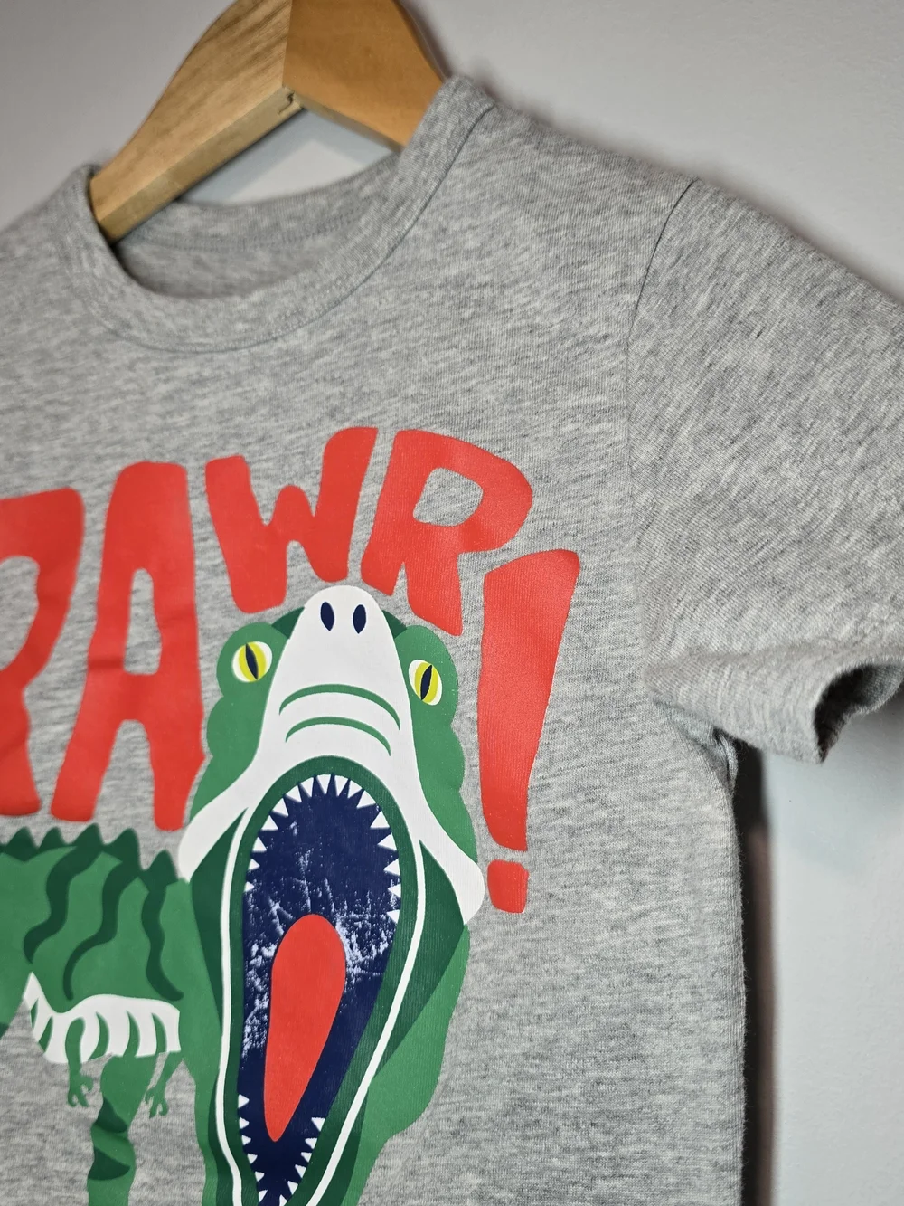 GAP Gray Cotton Tee with Green Dinosaur and Red 'RAWR!' Graphic